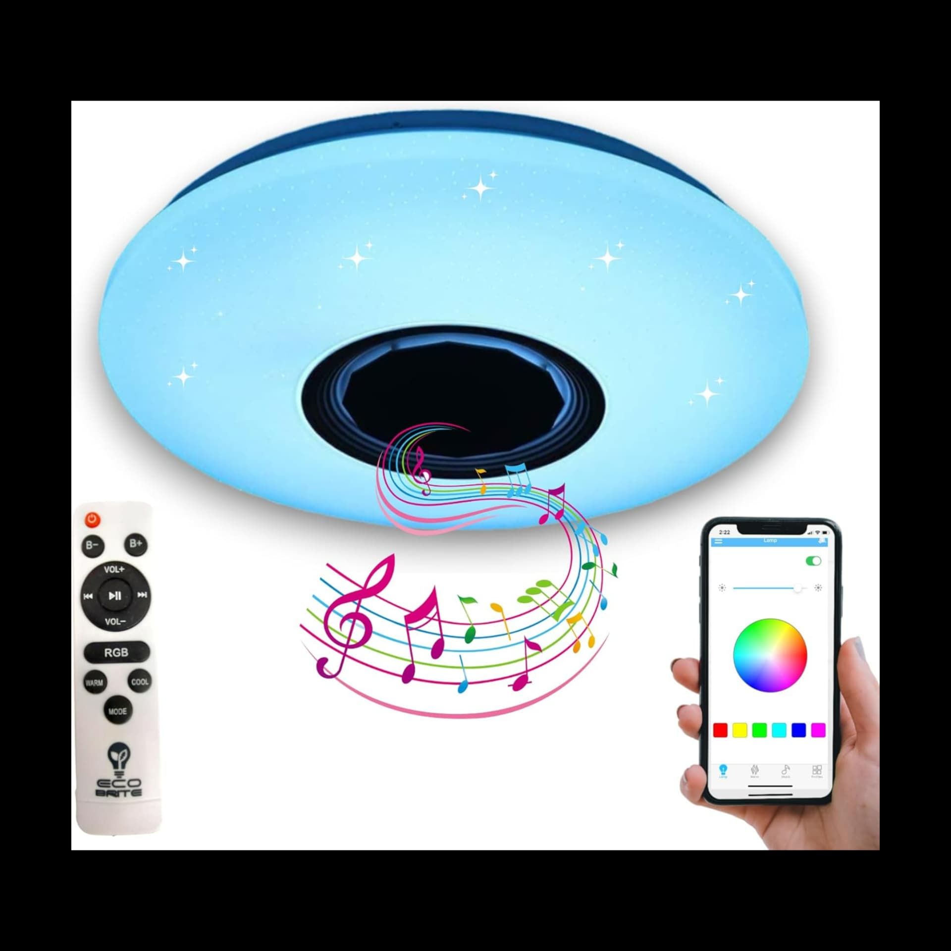 Smart Bluetooth Speaker Ceiling Light | Colour Changing RGB-W | App Control+ Remote Control