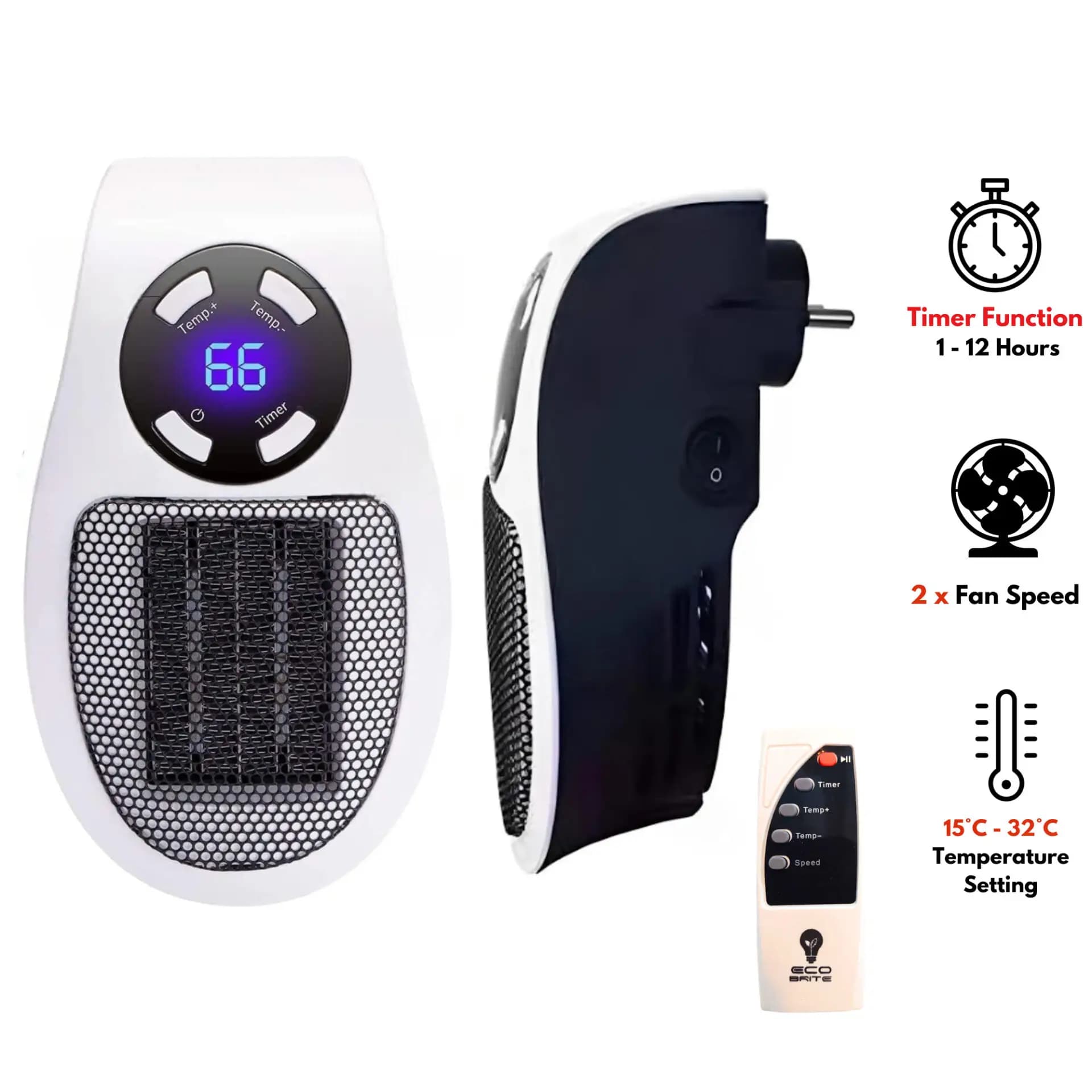 Electric Plug In Mini Wall Heater 400W With Remote - MUG-16 Grey