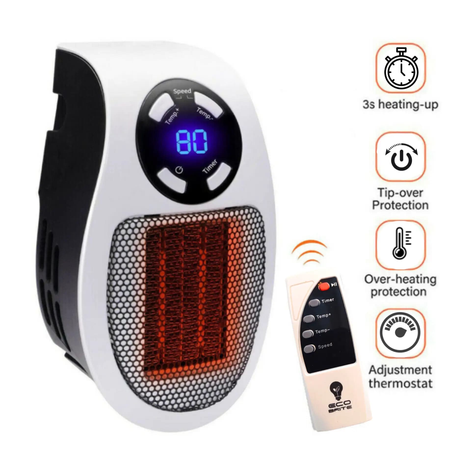Electric Plug In Mini Wall Heater 400W With Remote - MUG-16 Grey