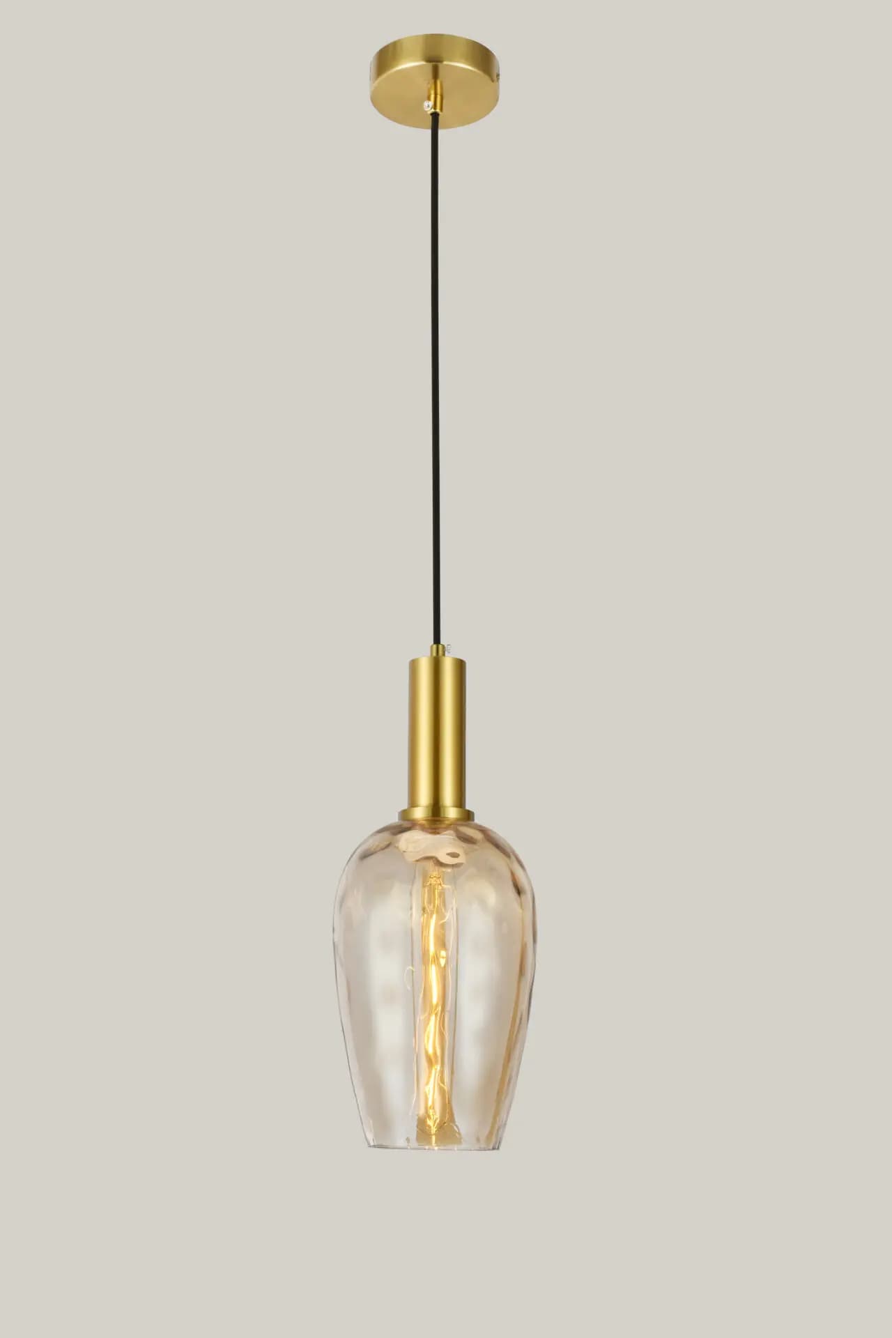 Pear Textured Amber Glass Shade Brass Gold Pendant Light CP204