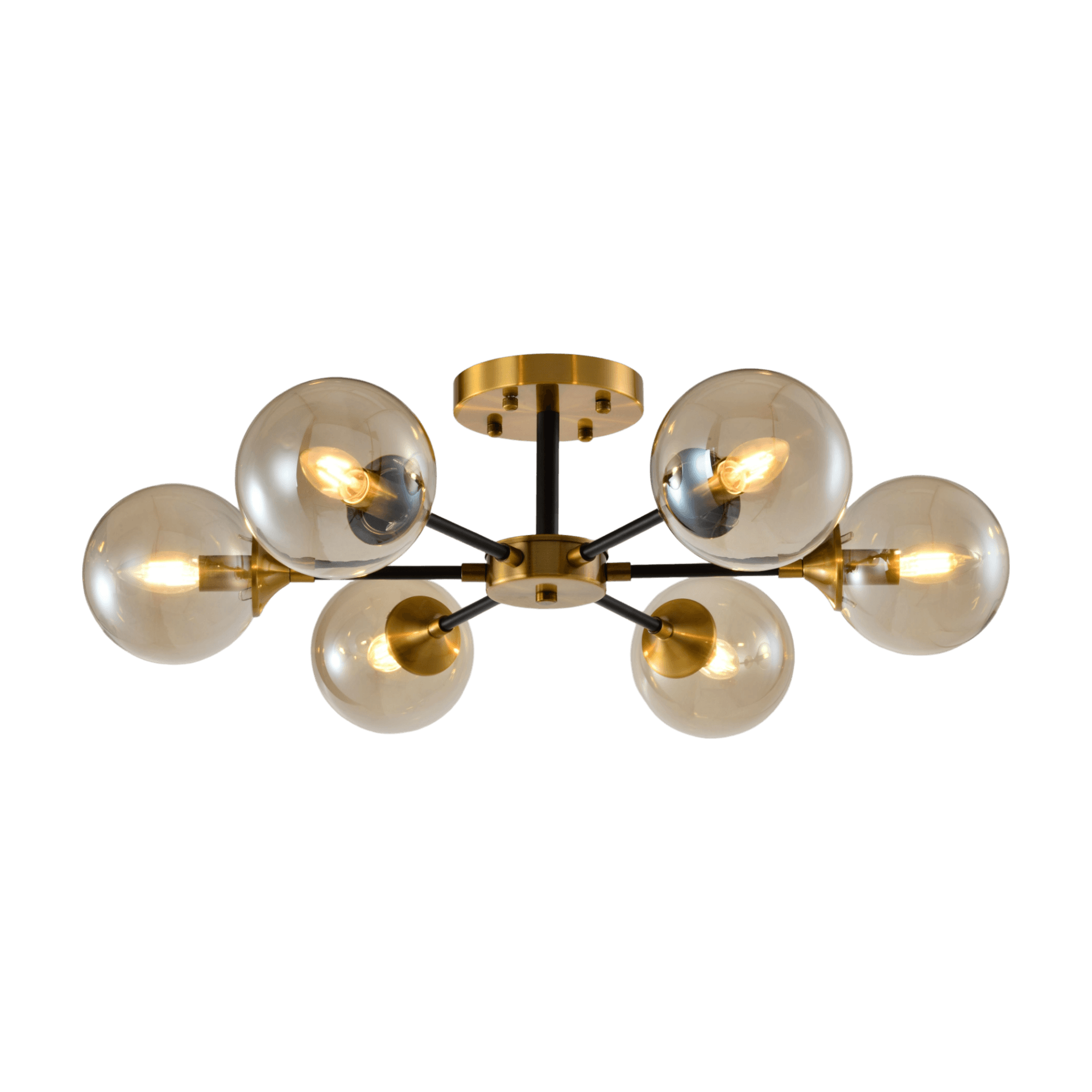 6 Arm Gold Bronze Semi Flush Amber Glass Chandelier CP213