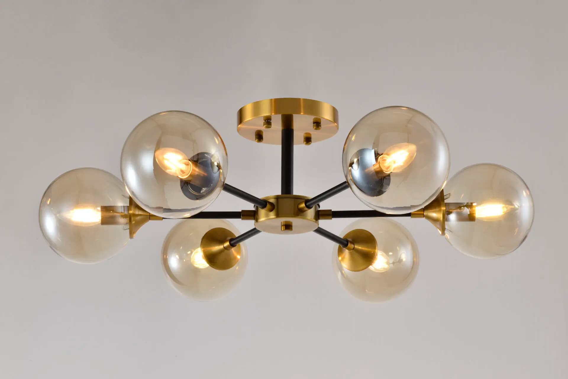 6 Arm Gold Bronze Semi Flush Amber Glass Chandelier CP213