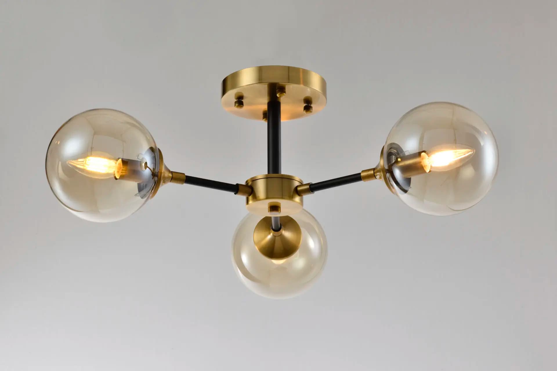 3 Arm Gold Bronze Semi Flush Amber Glass Chandelier CP215