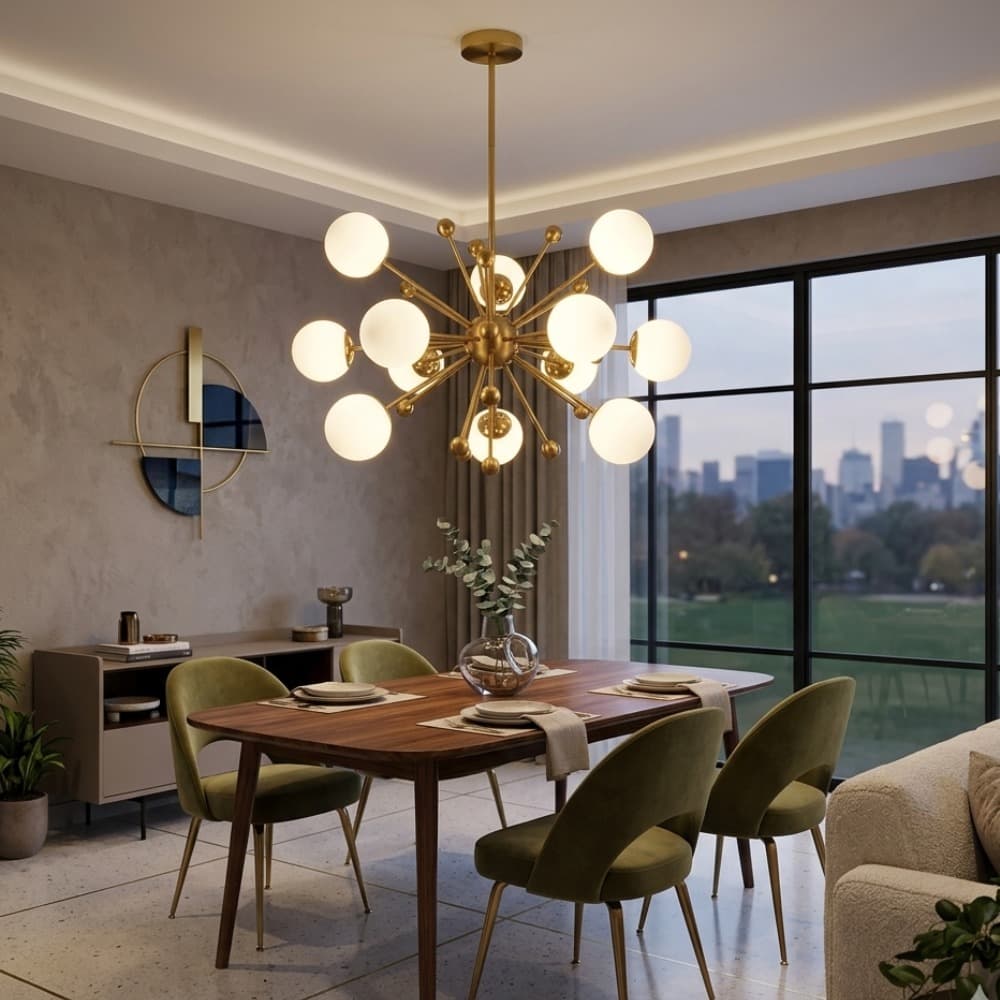 Sleek Brass Gold Round White Glass Chandelier CP266/12G-800