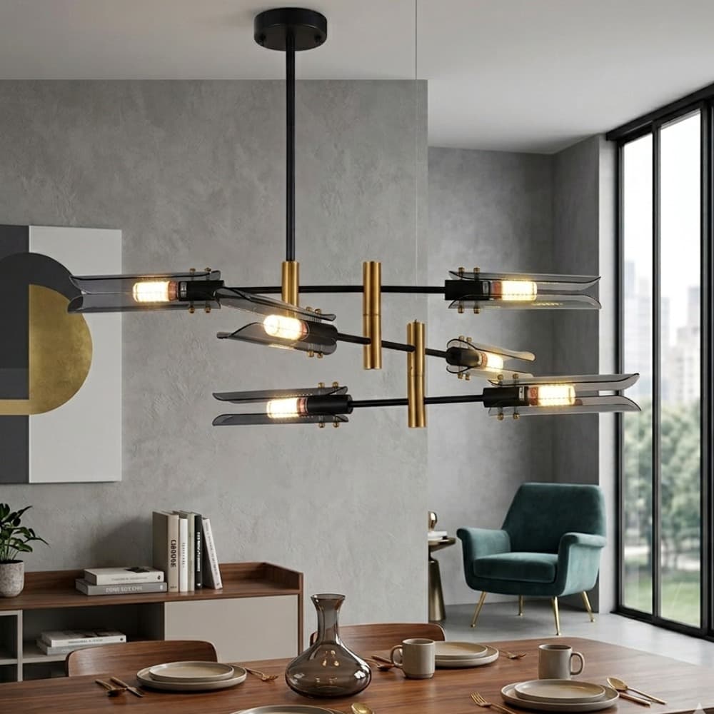 Sleek Black and Brass Gold Grey Glass Chandelier CP264/6BG-870